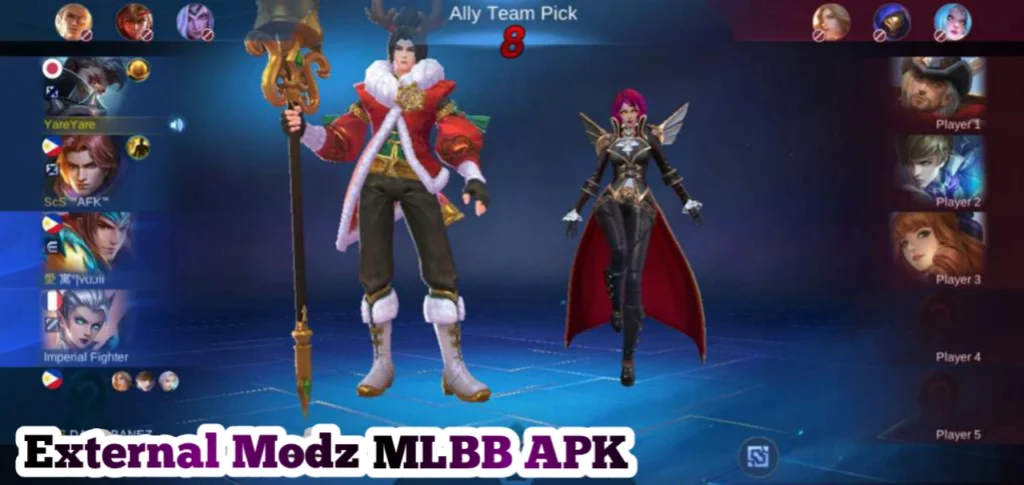 Screenshot of External Modz MLBB  APK which shows skins, weapons, and more.