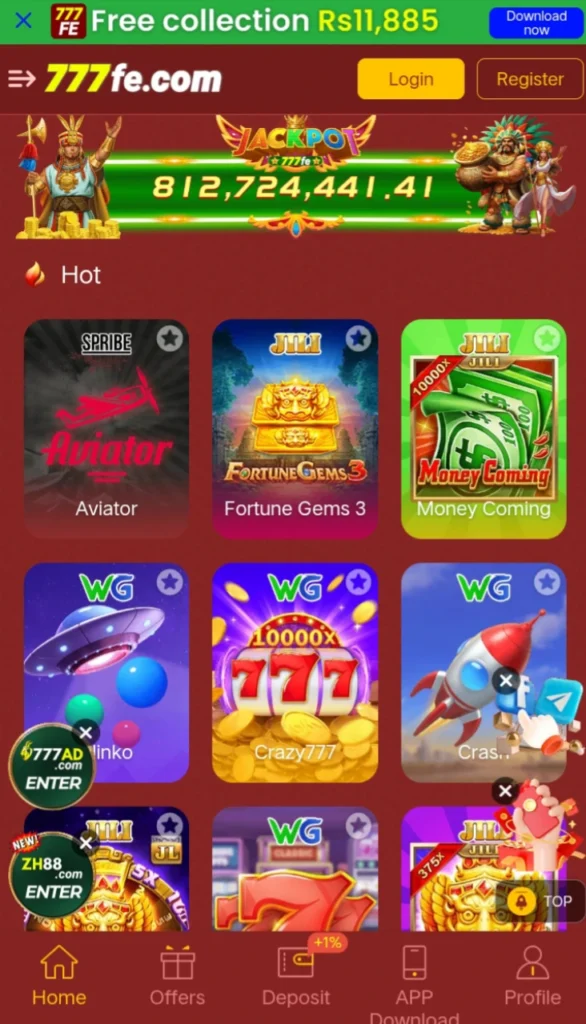 Screenshot of 777Fe Game which shows latest games and jackpots.